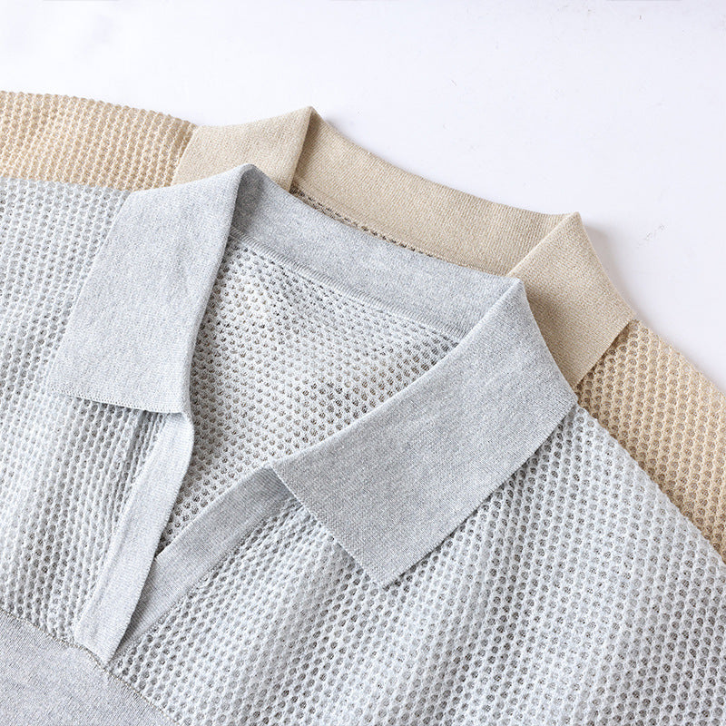 Hollow out breathing design spliced V-neck polo shirt, summer loose short sleeved knit shirt