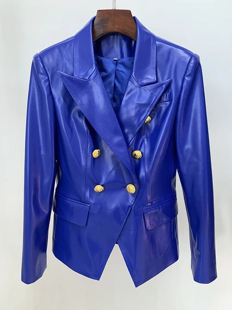 TOP QUALITY Newest Fashion 2023 Designer Jacket Women's Double Breasted Lion Buttons Slim Fitting Faux Leather Blazer