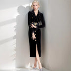 Yujie retro long sleeved gold velvet dress for women, high-end light luxury temperament, suit collar, cinched waist, metal buckle