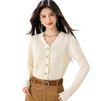 Creamy Apricot Wavy Edge V-Neck Knit Sweater Women's Short Open Cardigan Hollow Loose Top