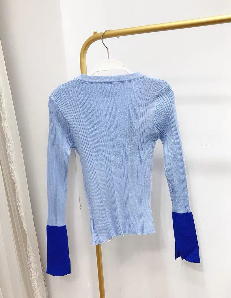 Designer Stylish Pink Patchwork V-Neck Flare Sleeve Single Breasted Slimy Tops Cardigans Knitting Buttons Casual Fashion