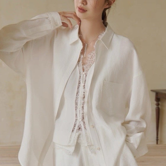 Heavyweight Tencel Linen Lace Vest Shirt High-Waisted Design Pants Three-Piece Set