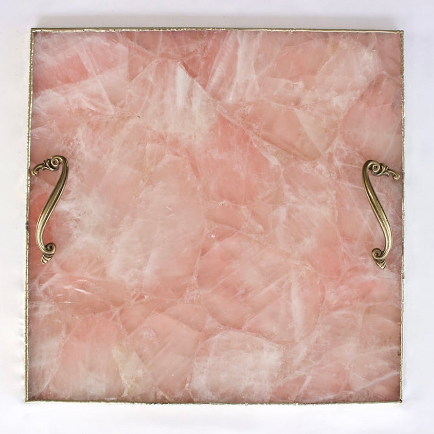 Rose Quartz Agate Serving Tray With Brass Handles | Square