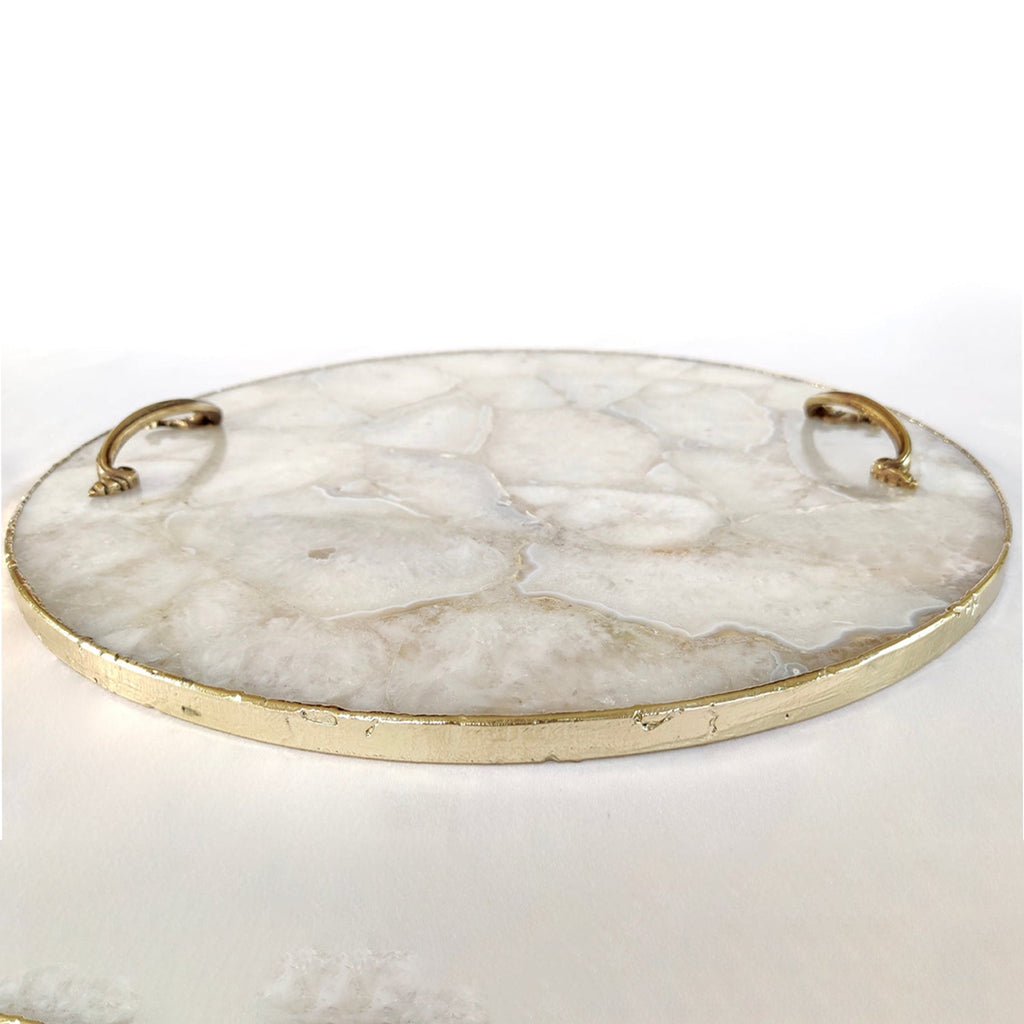 White Agate  Serving Tray With Brass Handles | Circular |