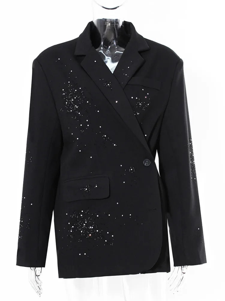 Fashion Women's Blazer Notched Collar Single Breasted Rhinestone Irregular Loose Solid Suit Jackets Autumn New
