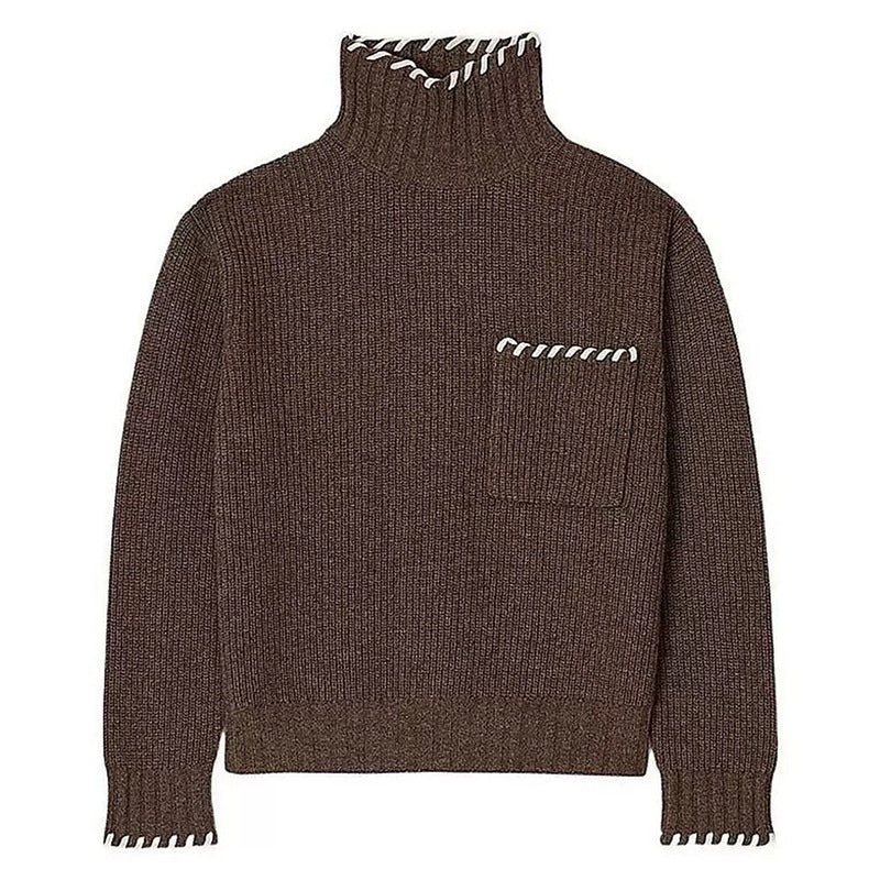 Sd Home Wool Blend High Neck Long Sleeve Knit Top with Hand-Stitched Trim for Women