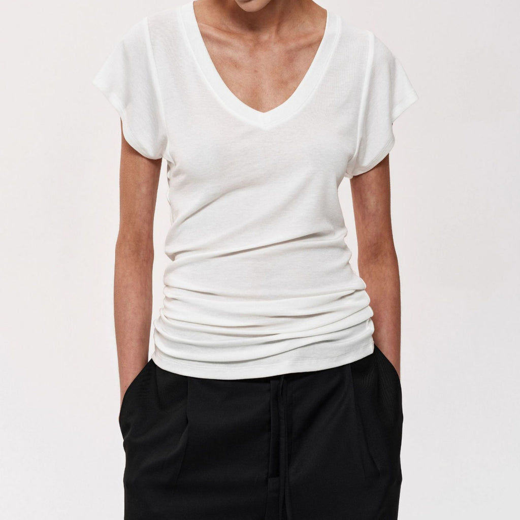 Simple Layered Design Deep V-Neck Short Sleeve T-Shirt Slim Fit Collarbone Revealing Top