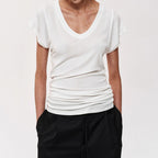 Simple Layered Design Deep V-Neck Short Sleeve T-Shirt Slim Fit Collarbone Revealing Top