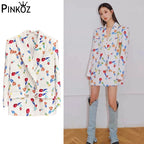 Runway Designer Women Loose Blazers White Hit Color Flower Printed Crystal Buttons Femme Jacket Large Size Outfit