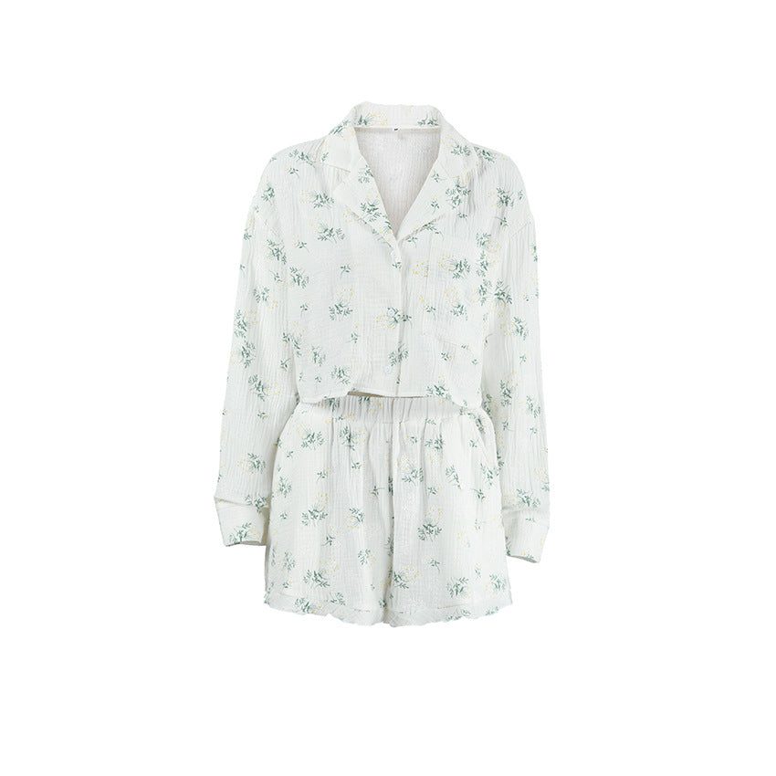 Casual Loose Printed Minimalist Luxury Sleepwear Long Sleeve Short Pants Set Women's Home Wear