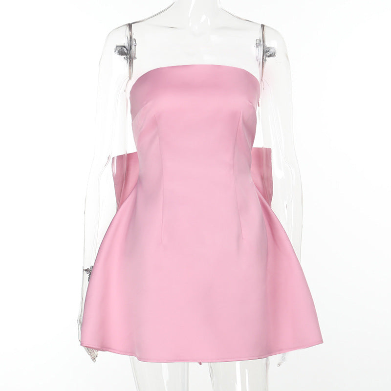 Sexy backless bow satin dress short skirt feminine dress