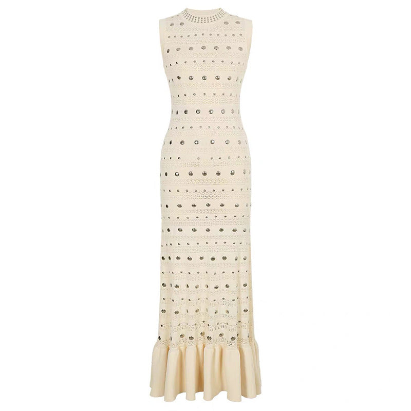 Blue Yinying Style S Brand French Classic Hepburn Style Embellished Stud Ruffle Hem Dress Evening Gown