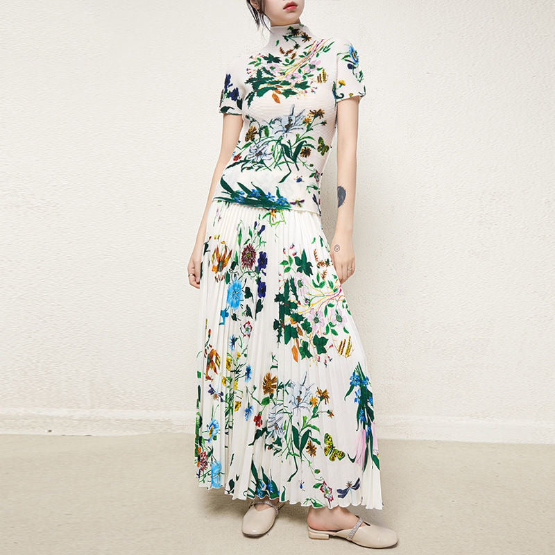 Designer Floral Pattern Women Two Piece Sets Summer Stand Collar Elastic Tops Slimy Tee Pleated Maxi Skirt