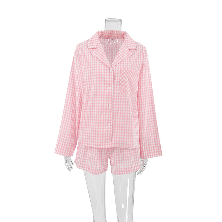 New checkerboard patterned cardigan pajamas two-piece pink casual and comfortable women's home wear