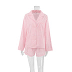 New checkerboard patterned cardigan pajamas two-piece pink casual and comfortable women's home wear