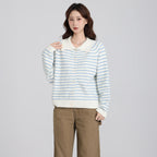 Polo Collar Striped Long Sleeve Knit Cardigan Coat