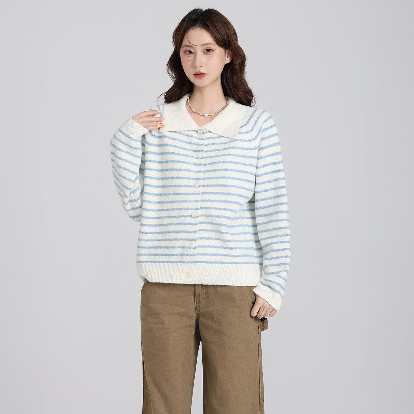 Polo Collar Striped Long Sleeve Knit Cardigan Coat