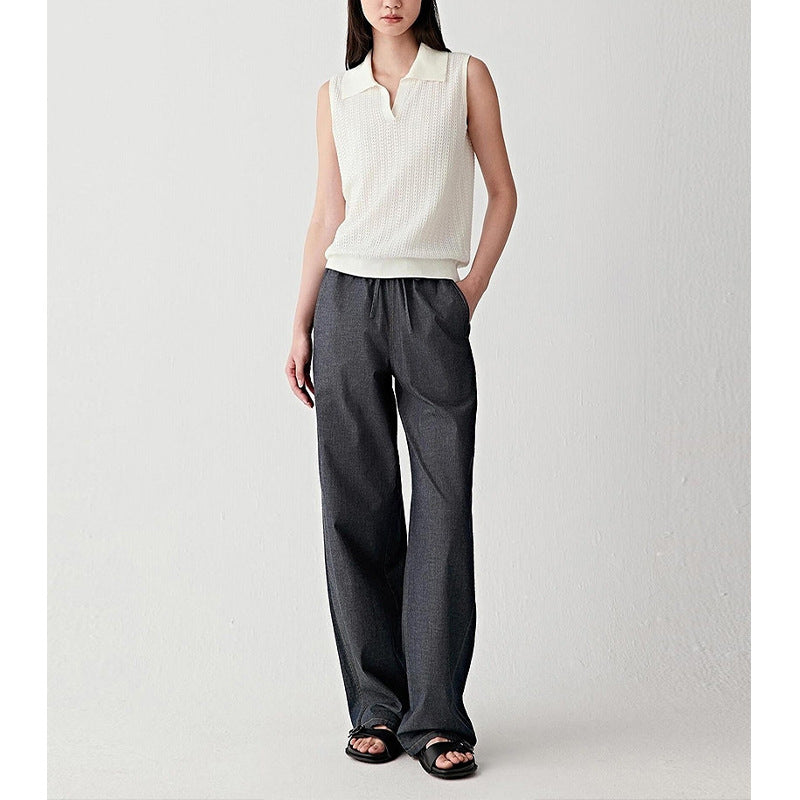 French Hollow-Out Polo Neck Knit Vest for Women, Slim Fit Sleeveless Summer Basic Top Short Upperwear