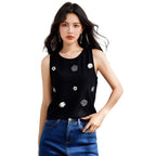 Sophisticated Embellished Beaded and Rhinestone Sweet 3D Floral Decorative Fitted Short Knit Vest for Petite Women