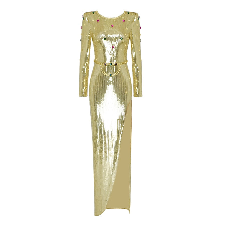 Women's New Long Sleeve Sequined Diamond Mid Length Slit Bandage Dress