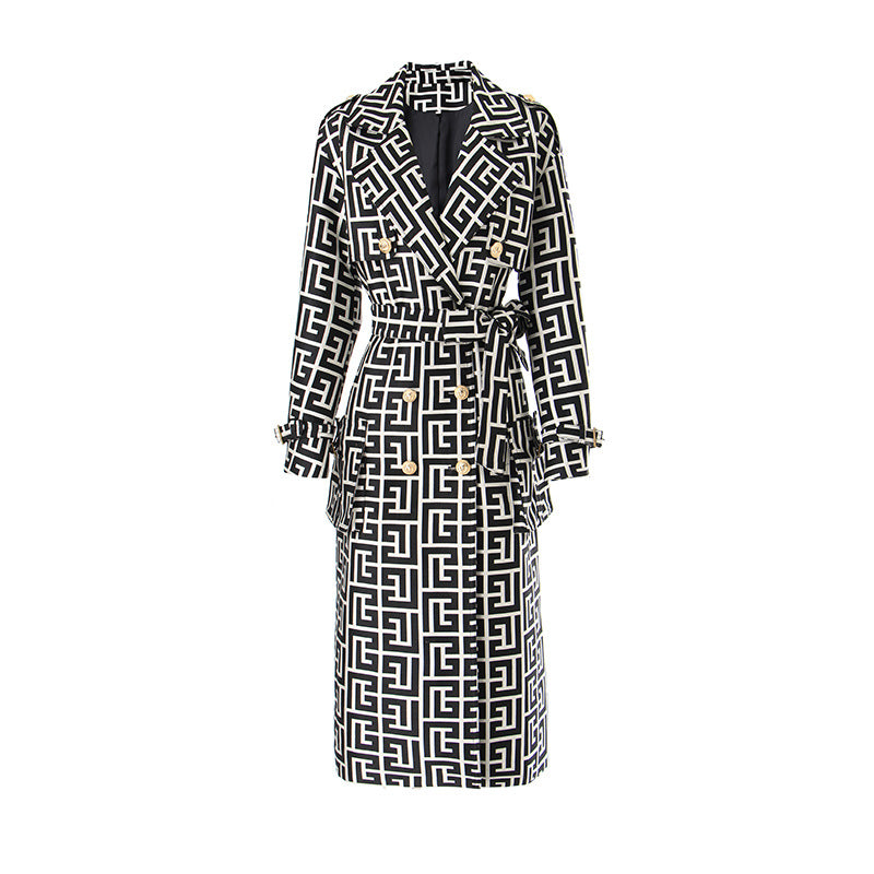 Coat Women's Loose Version Lace Up Spring And Autumn New Heavy Industry Coat Black And White Swastika Pattern