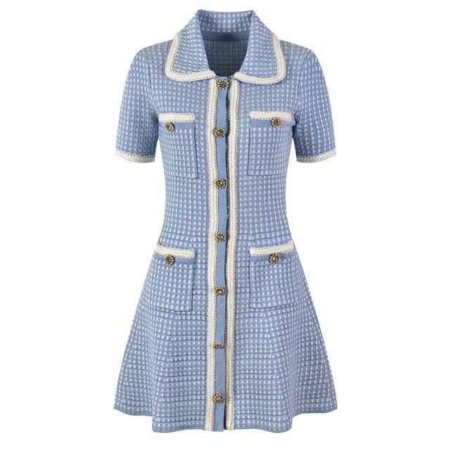New Arrive Knitted Women Mini Dress Turn-Down Collor Short Sleeve Single Breasted Lady Dress