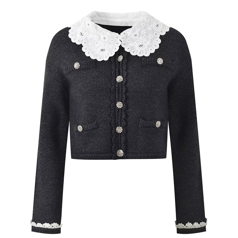 Chic Lace Detachable Peter Pan Collar Rhinestone Buttoned Short Sleeve Knit Sweater Coat for Women