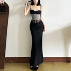 Elegant Chiffon Off-Shoulder Bodycon Dress with Ruffle Detail and Color-Blocking Design