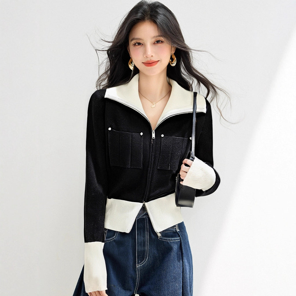 Chic  Long Sleeve Zip-Up Knit Cardigan for Women, Casual Fashion Top with Turn-Down Collar and Short Cut Design