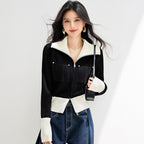 Chic  Long Sleeve Zip-Up Knit Cardigan for Women, Casual Fashion Top with Turn-Down Collar and Short Cut Design