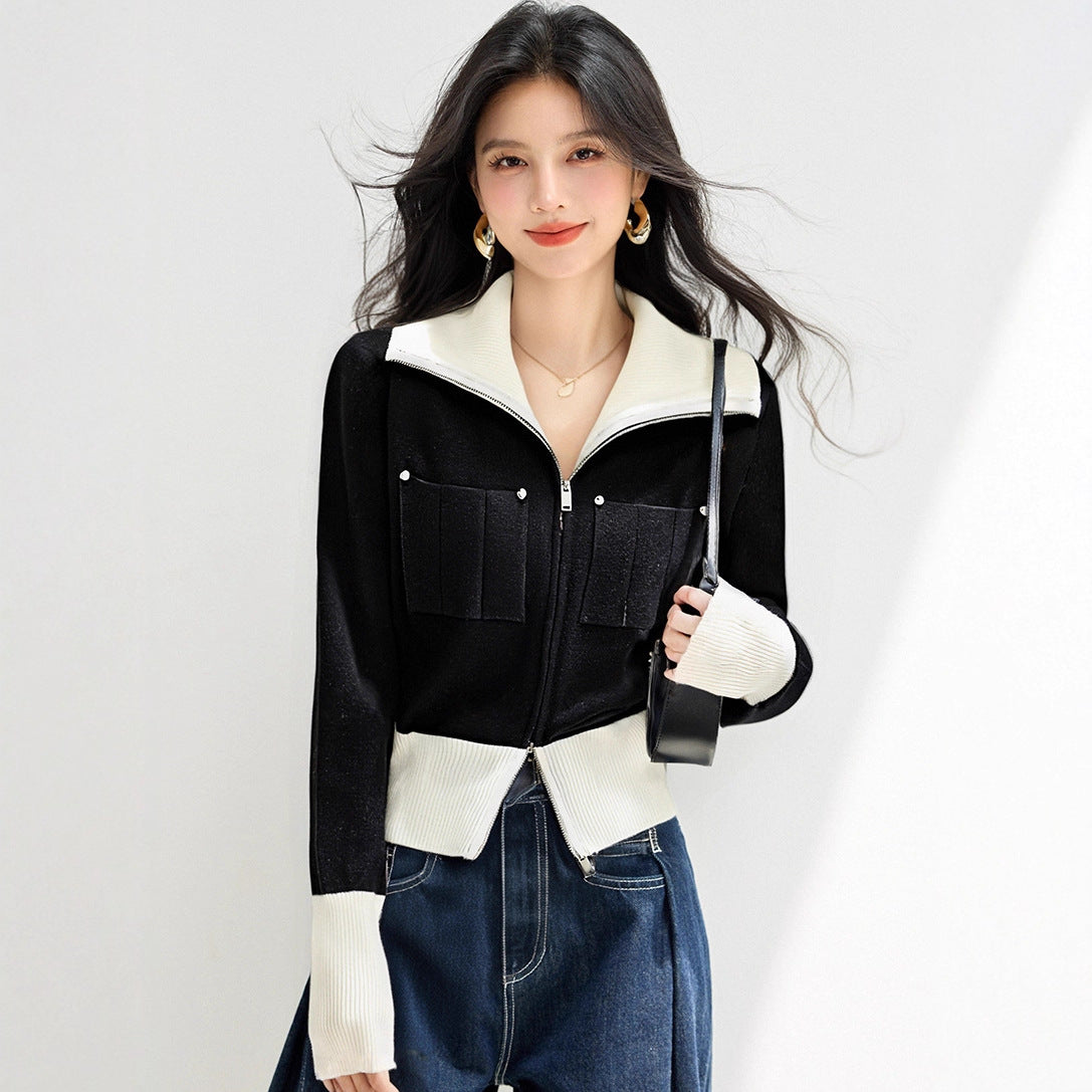 Chic  Long Sleeve Zip-Up Knit Cardigan for Women, Casual Fashion Top with Turn-Down Collar and Short Cut Design