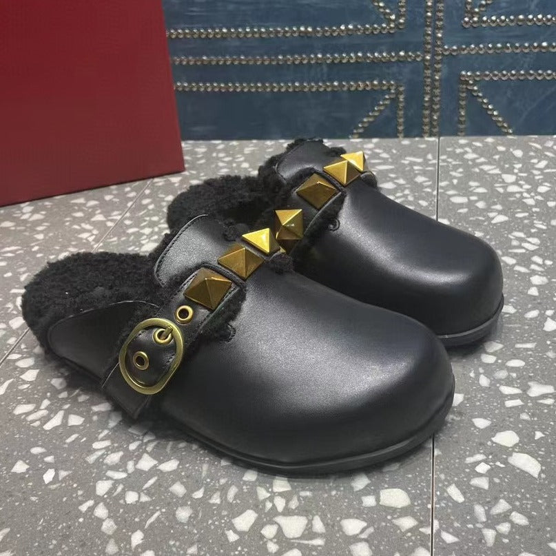 Round Wrap Toe Rivet Slippers Women Genuine Leather Warm Fur Mules Shoes Outdoor  Winter Luxury Street Trend Slippers Woman