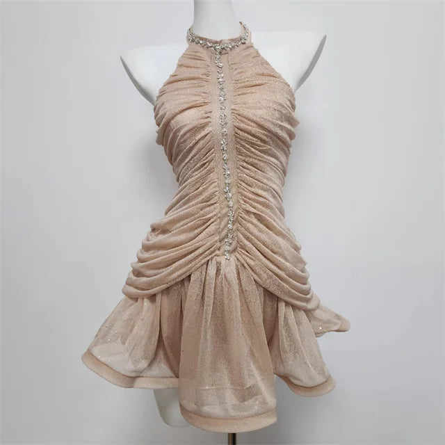 Waist hugging rhinestone light luxury hanging neck A-line skirt