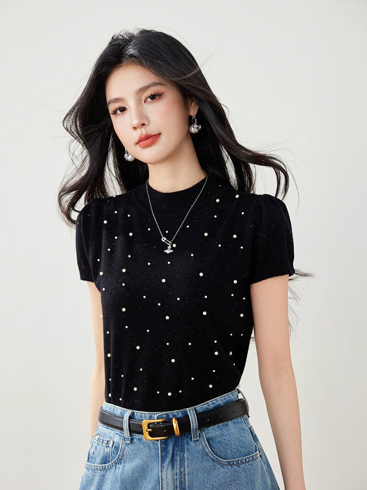 Chic Beaded Short Sleeve Knit Top for Women, Unique High Neck T-Shirt, French Style Elegant Blouse