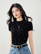 Chic Beaded Short Sleeve Knit Top for Women, Unique High Neck T-Shirt, French Style Elegant Blouse