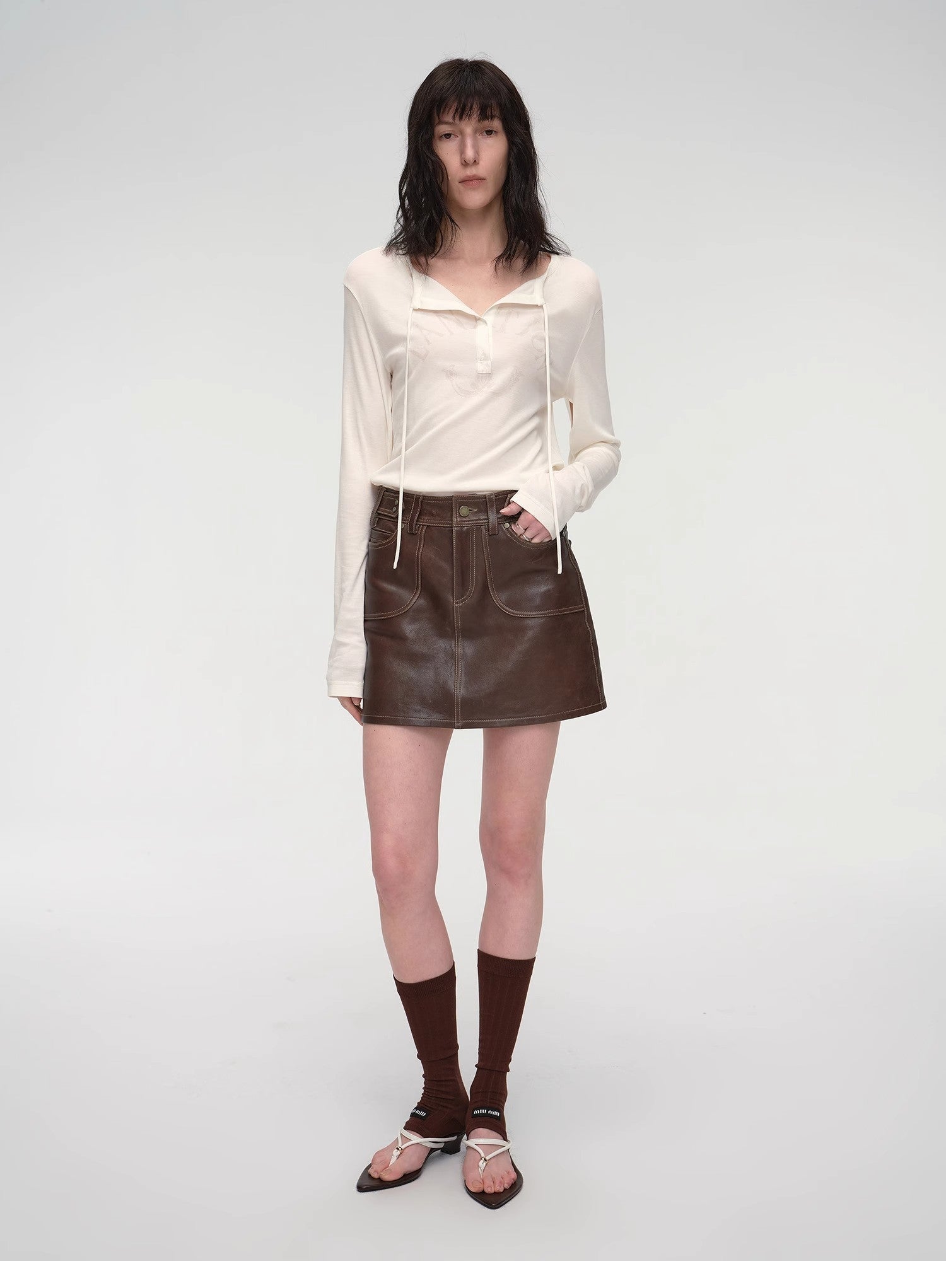 "Houston Street" New Zealand imported sheep leather vintage A-line short skirt