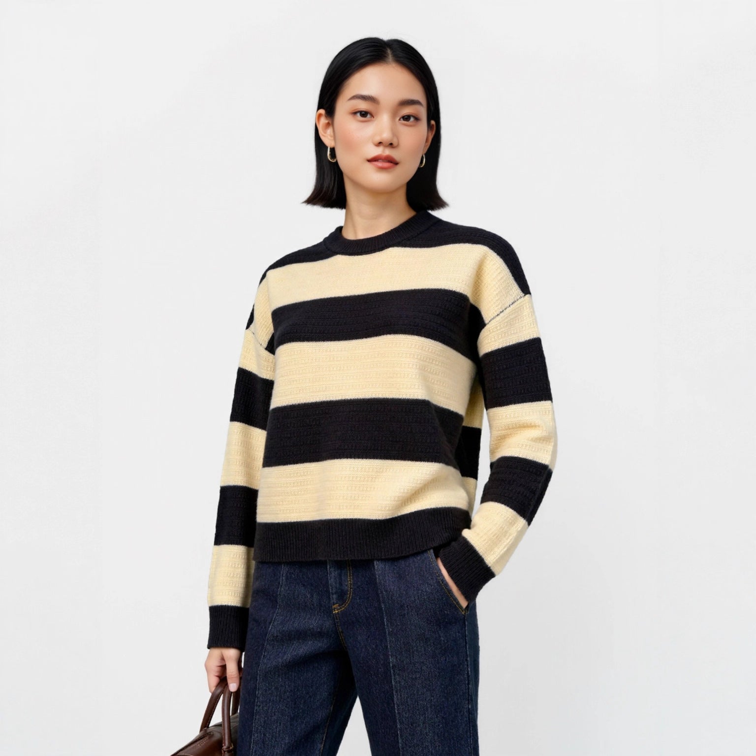 Thickened Wool Sweater Inner Retro Color Block Loose Lazy Striped Base Layer Top Women's Outer Knitted Sweater
