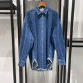 Early autumn trendy luxury denim with diamond fringed silhouette, off shoulder shirt, straight leg pants set