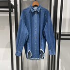 Early autumn trendy luxury denim with diamond fringed silhouette, off shoulder shirt, straight leg pants set