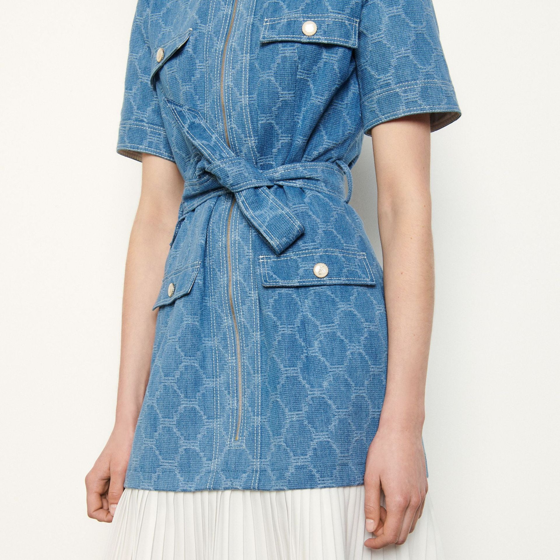 Denim Patchwork Plaid Lace-Up Dress