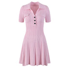 Korean Fashion Pink Dress Women 2023 Elegangt Turn-down Collar Short Sleeve Knitted Dresses Runway Designer Vestidos De Fiesta