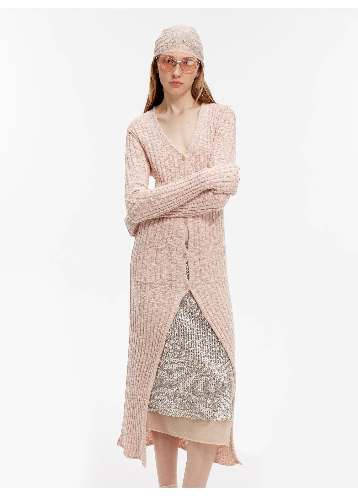 "Soft Spring Formula" Luxury brand same version cotton and linen fancy yarn knitted V-neck curling design straight long cardigan