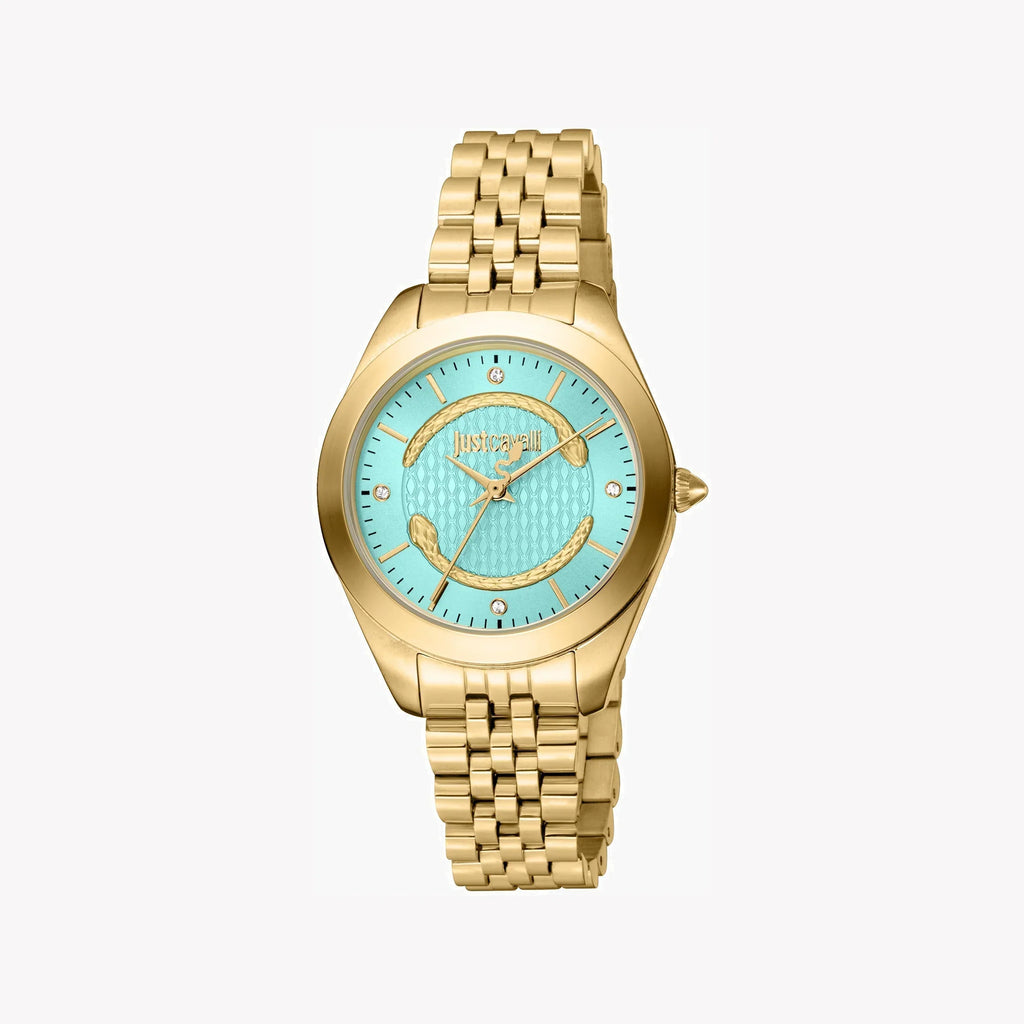 Just Cavalli Women's Gold Stainless Steel Watch, Turquoise Dial | Jc1l210m0465