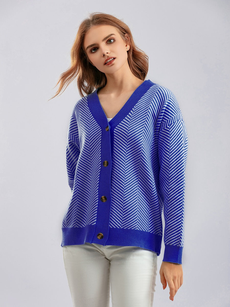 Women Tops Blue Knit Sweaters Love Heart Cardigan Female Chic V Neck Sweater