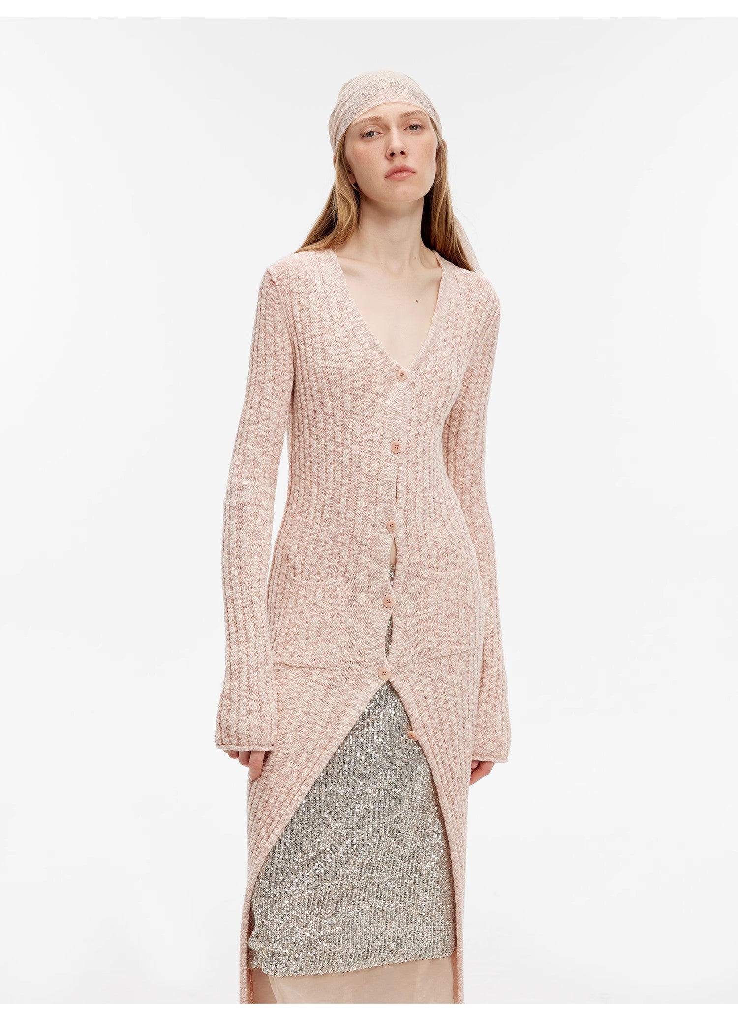 "Soft Spring Formula" Luxury brand same version cotton and linen fancy yarn knitted V-neck curling design straight long cardigan