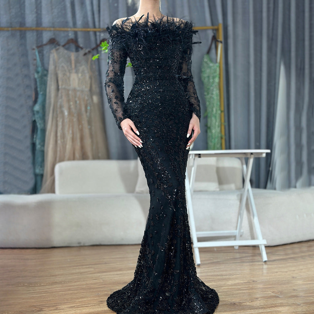 Elegant Black One-Shoulder Feather Mermaid Evening Gown Luxurious and Chic Perfect for Hostess PartyFormal Events