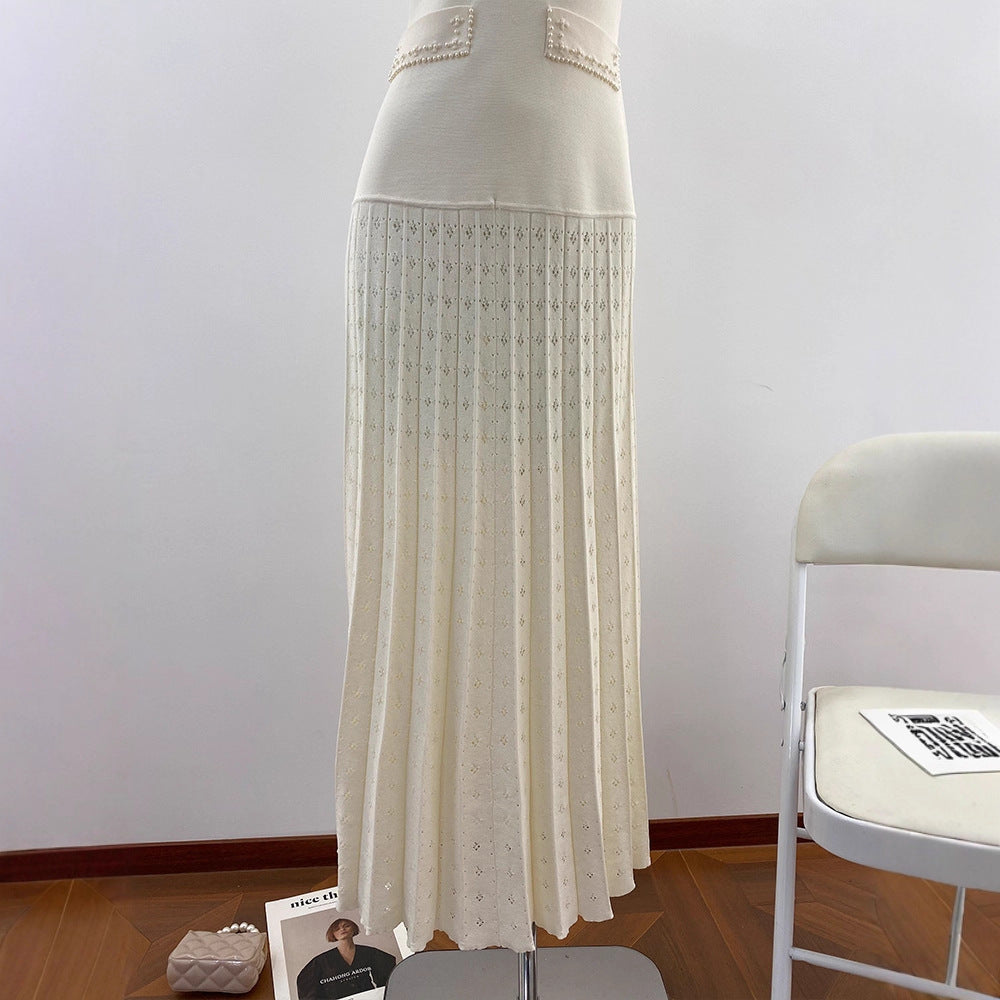 Customized Tea Dress with Embellished Beading Hollow Floral Pattern Short Sleeve Knit Women's Dress