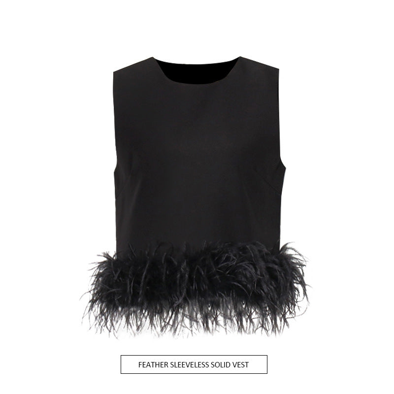 Hepburn Style Design Ostrich Hair Stitching Top New Round Neck Simple Short Solid Color Vest Women