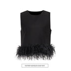 Hepburn Style Design Ostrich Hair Stitching Top New Round Neck Simple Short Solid Color Vest Women