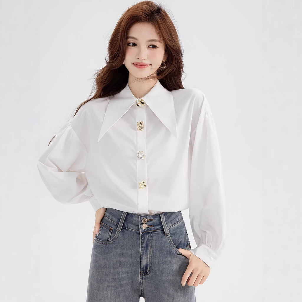 Elegant Luxury Turn-down Collar White Blouse for Women Spring Fashion Stylish Youthful Slim Fit Charming Top